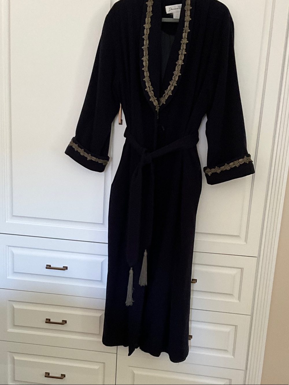 Elegant Navy Wool Women's Robe with Gold Trim